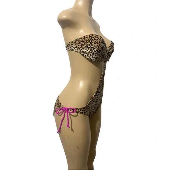 Leopard Animal Print Strapless One Piece Side Cutout Beige Adjustable Swimsuit - Picture 3 of 9
